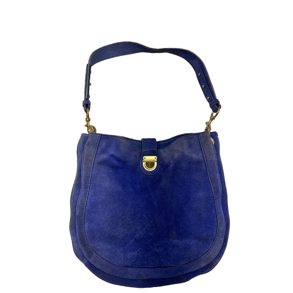 VTG J. Crew Blue Suede Leather Push Lock Triple Compartment Hobo Shoulder Bag